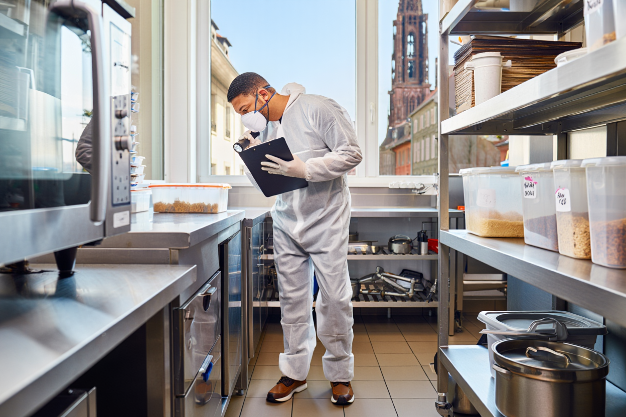 Inspection de dératisation dans cuisine professionnelle