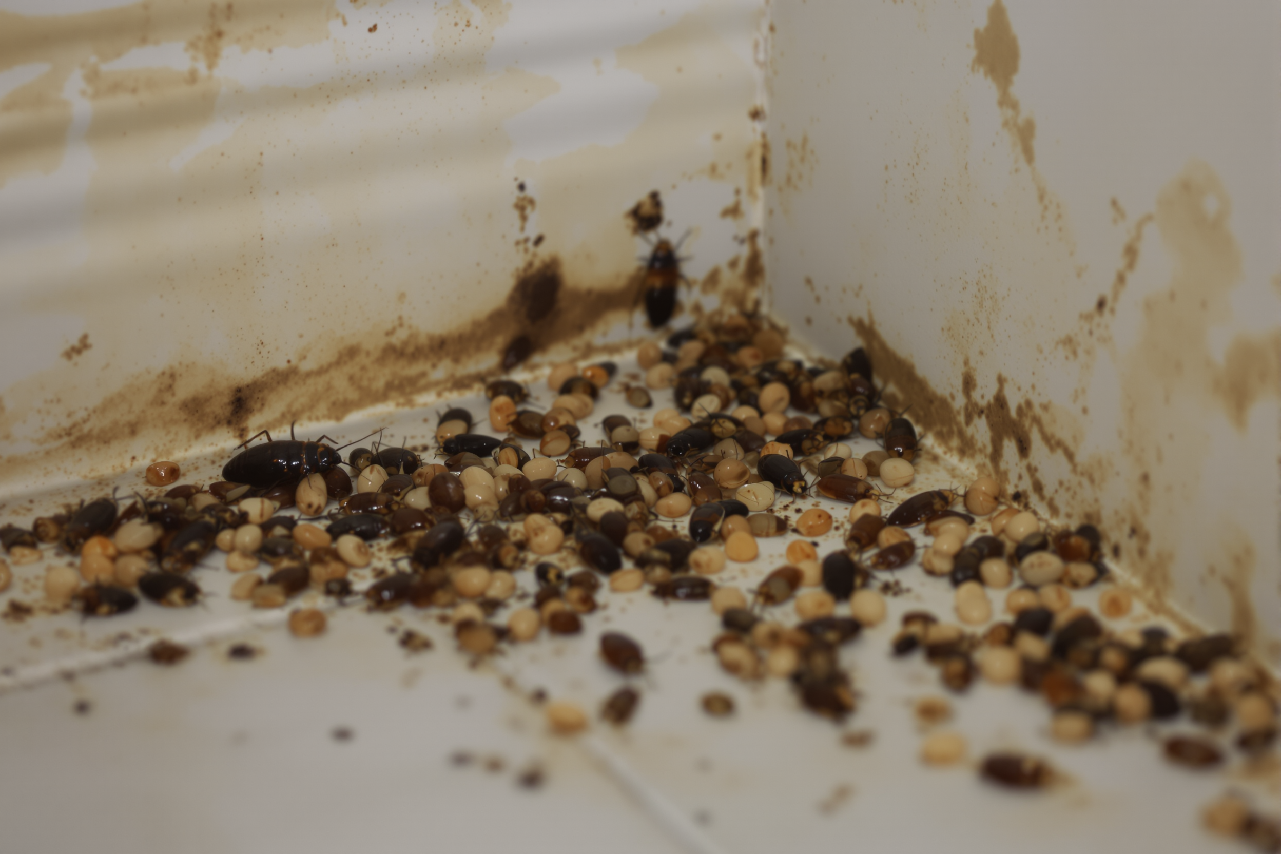 Signes d'infestation de blattes le long d'une plinthe de cuisine