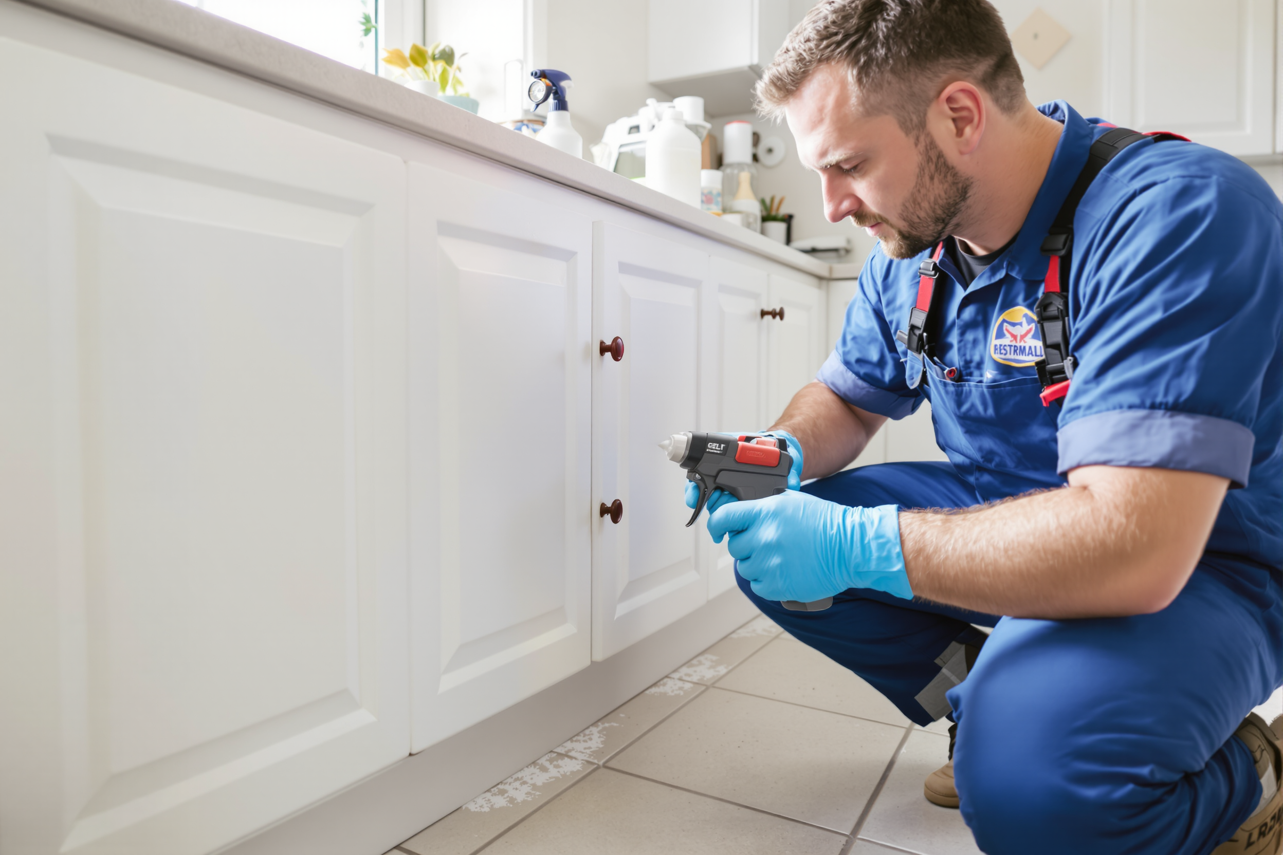 Technicien appliquant un traitement gel professionnel contre les cafards