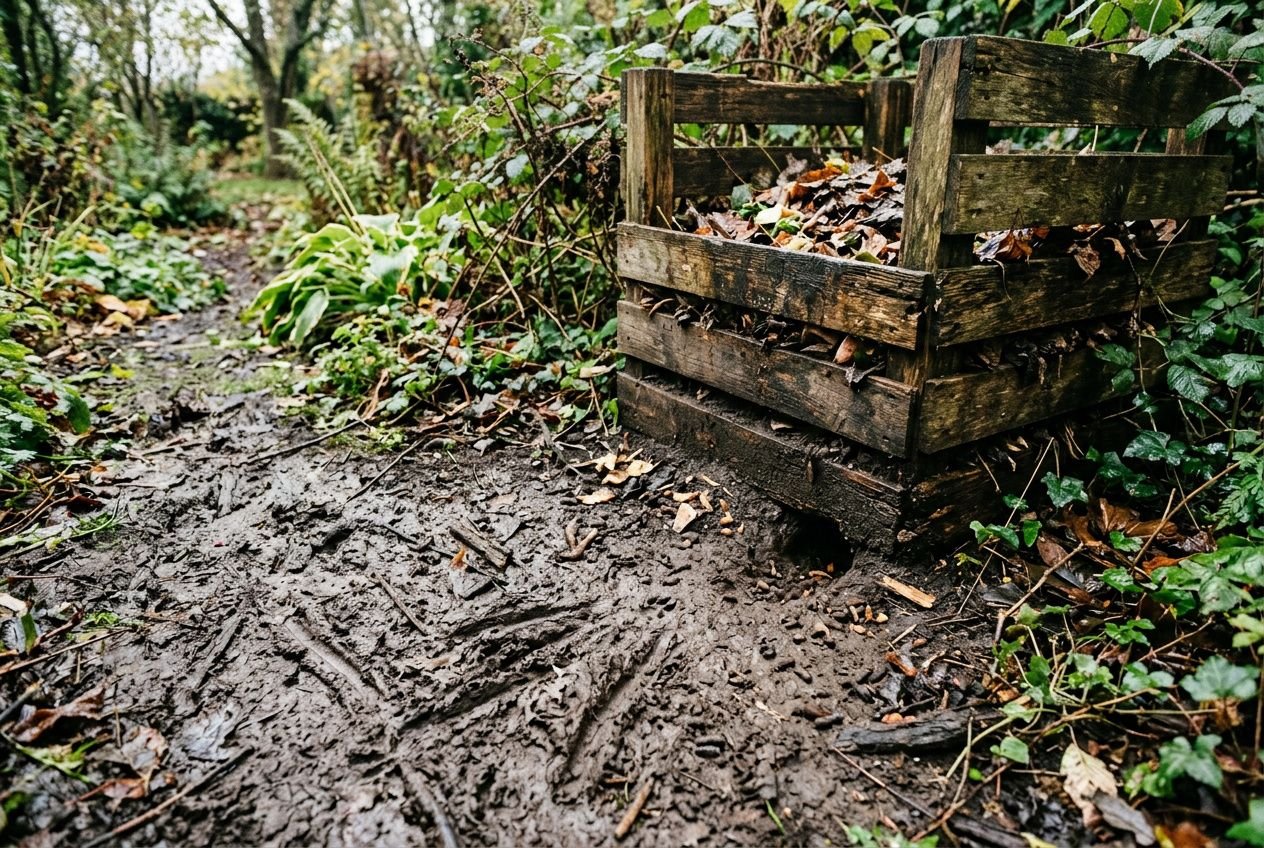 Marai de jardin humide près d’un bac en bois rempli de feuilles mortes, montrant terre boueuse et traces d’animaux. Maladies transmises par les rats.