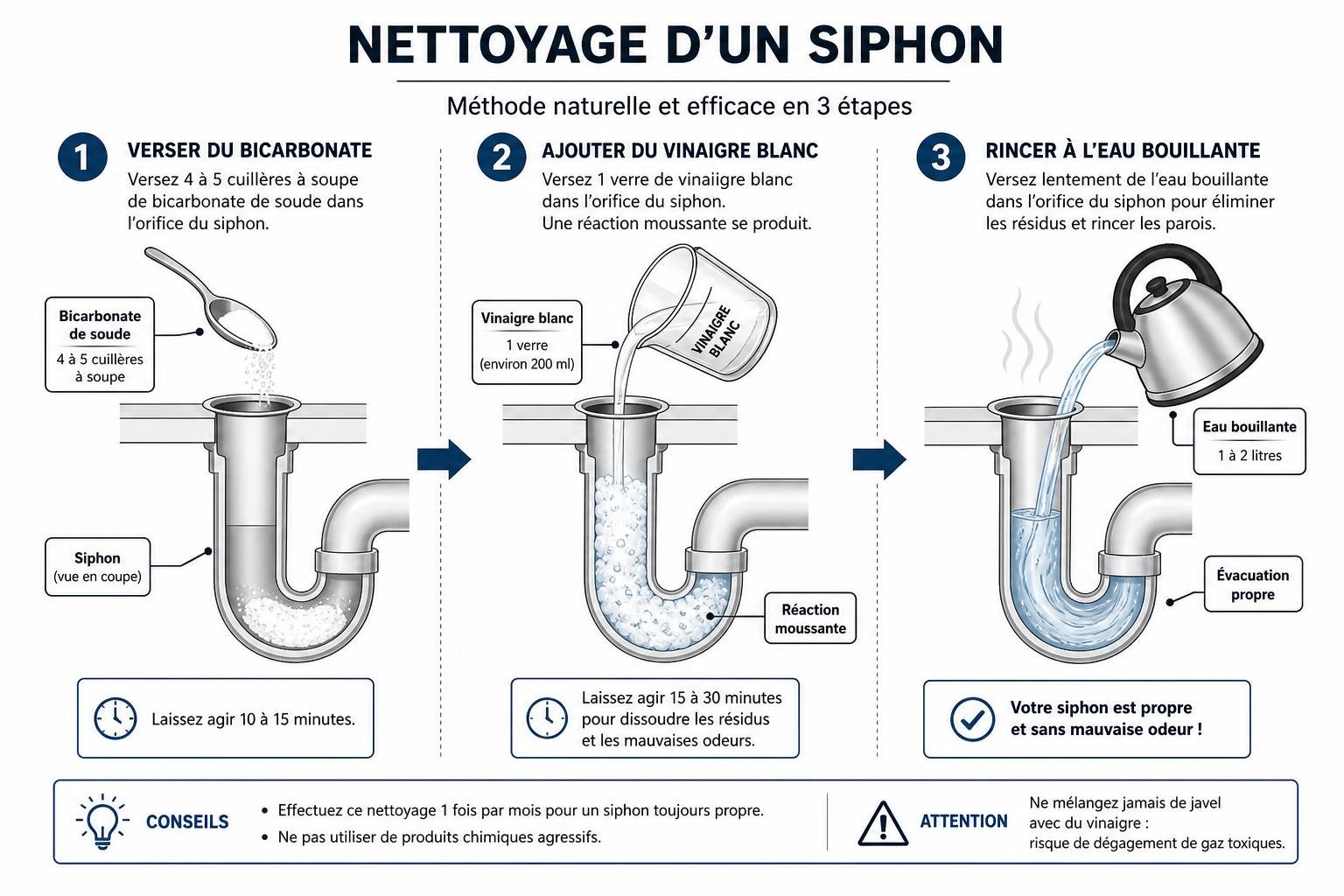 Nettoyage d’un siphon: étapes avec bicarbonate, vinaigre blanc et rinçage à l’eau bouillante, pour éliminer les moucherons et leurs résidus. pourquoi j'ai des moucherons chez moi est abordé implicitement.