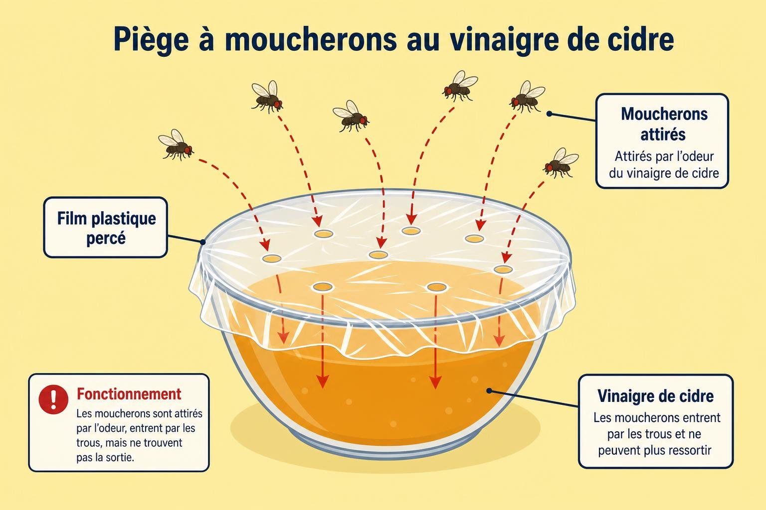 Piège à moucherons au vinaigre de cidre: moucherons attirés par l’odeur et piégés dans un bol avec film plastique percé, approche montrant l’entrée des moucherons et l’écoulement du vinaigre. Pourquoi j'ai des moucherons chez moi.