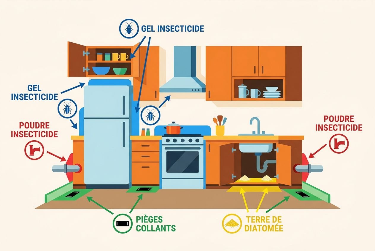 Plaquette explicative montrant une cuisine avec sprays et poudres pour éliminer une blatte de cuisine et les pièges collants.