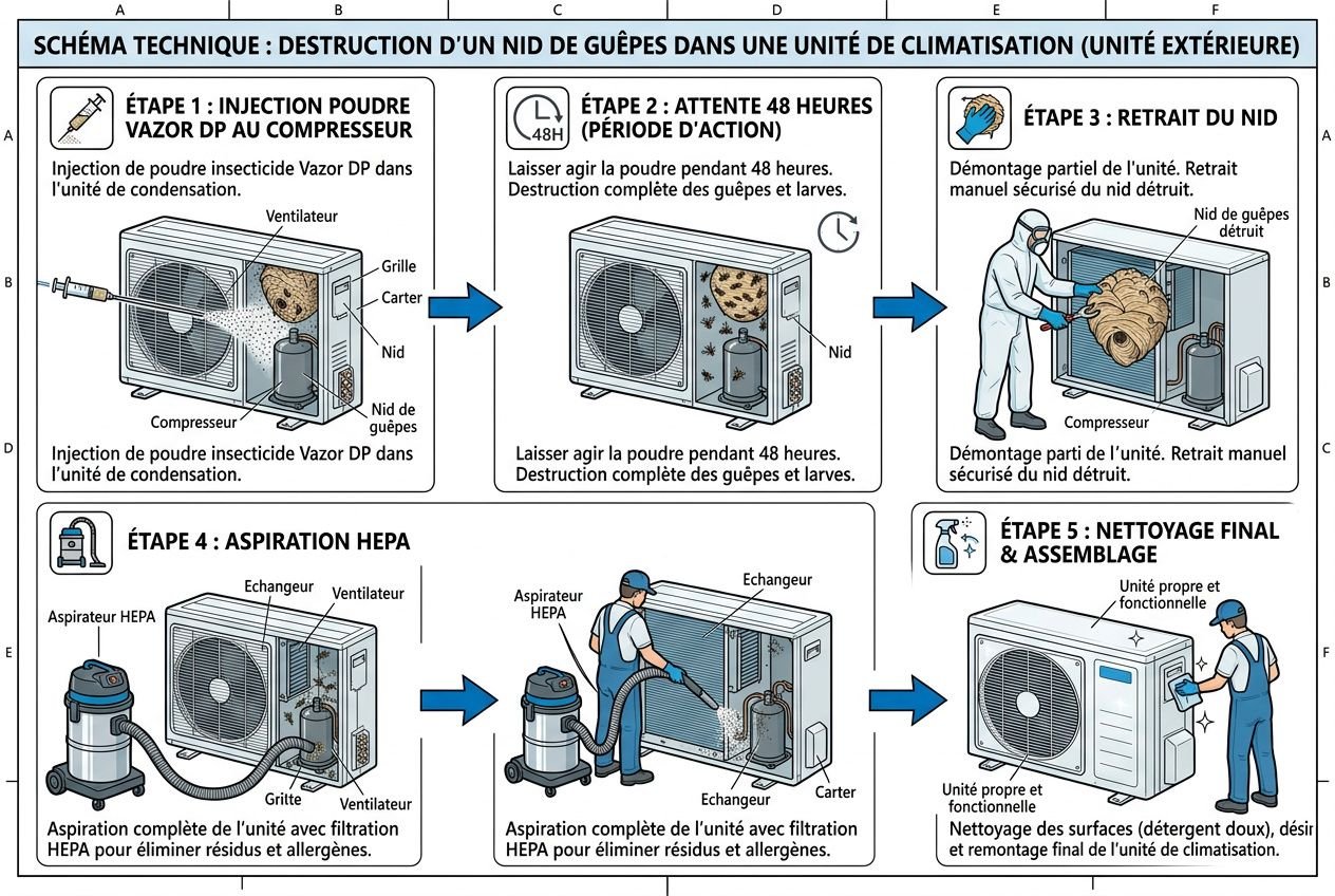 Schéma technique: destruction d’un nid de guêpes dans une unité de climatisation extérieure, étapes d’injection, attente et retrait du nid, puis aspiration HEPA et nettoyage final. Destruction du nid et nids de guêpes en Moselle, Metz.